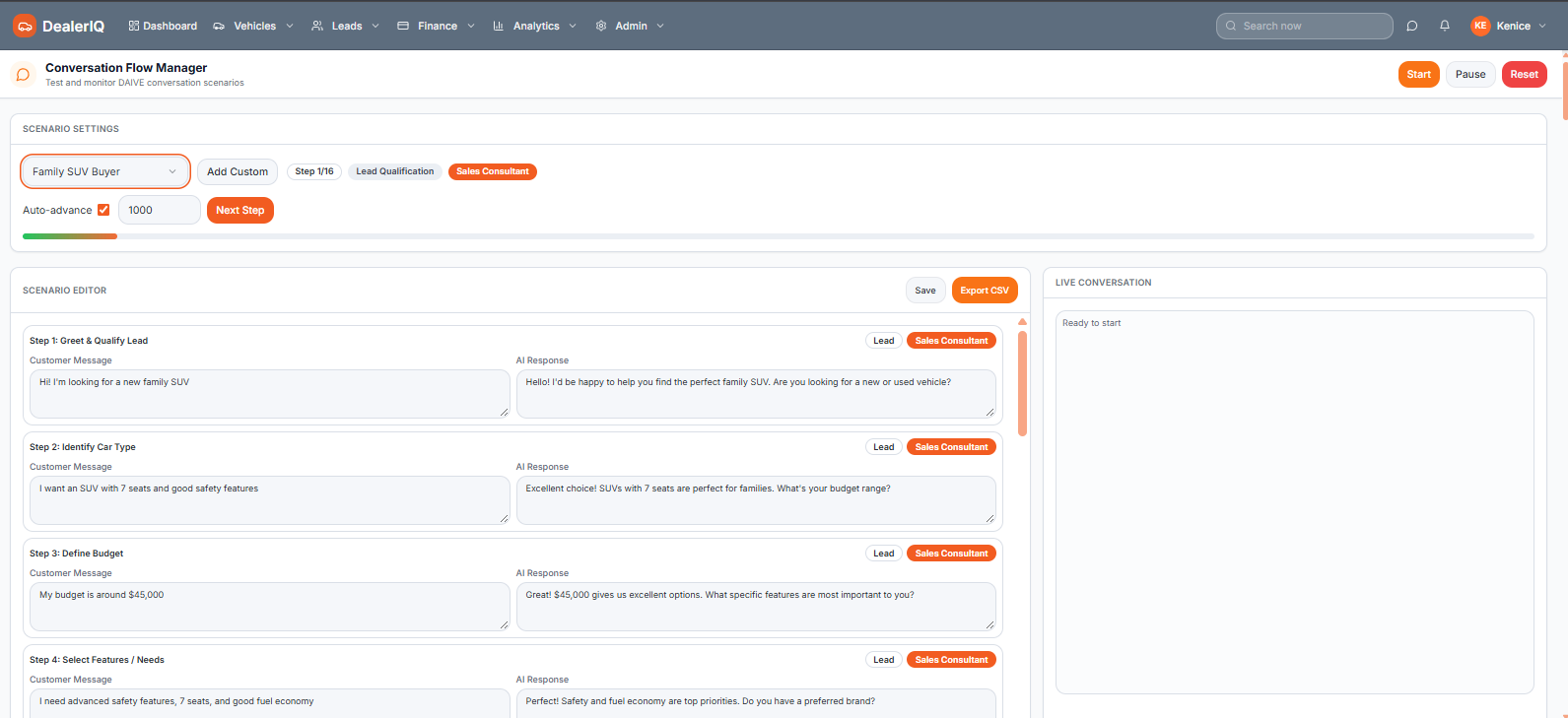 DealerIQ Conversation Flow Manager: a scenario editor where the dealer writes each step of D.A.I.V.E.'s conversation