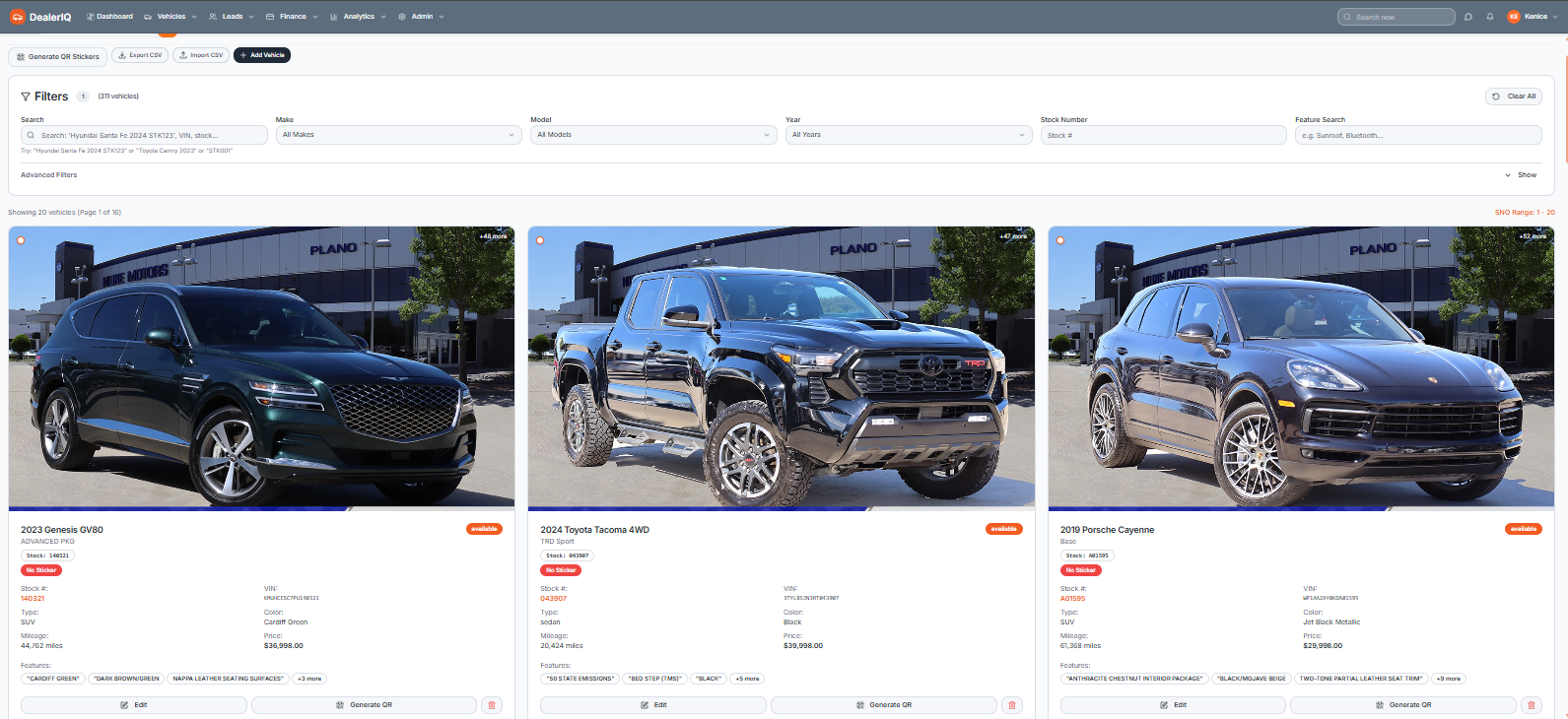 DealerIQ platform: Inventory & QR stickers