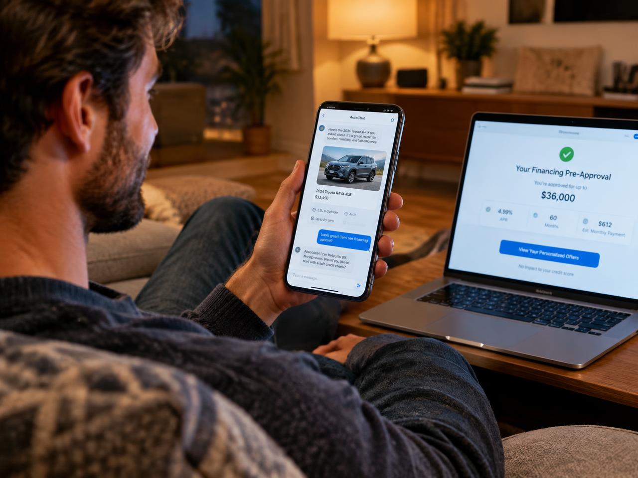A shopper at home on the couch continuing his car-buying conversation on his phone