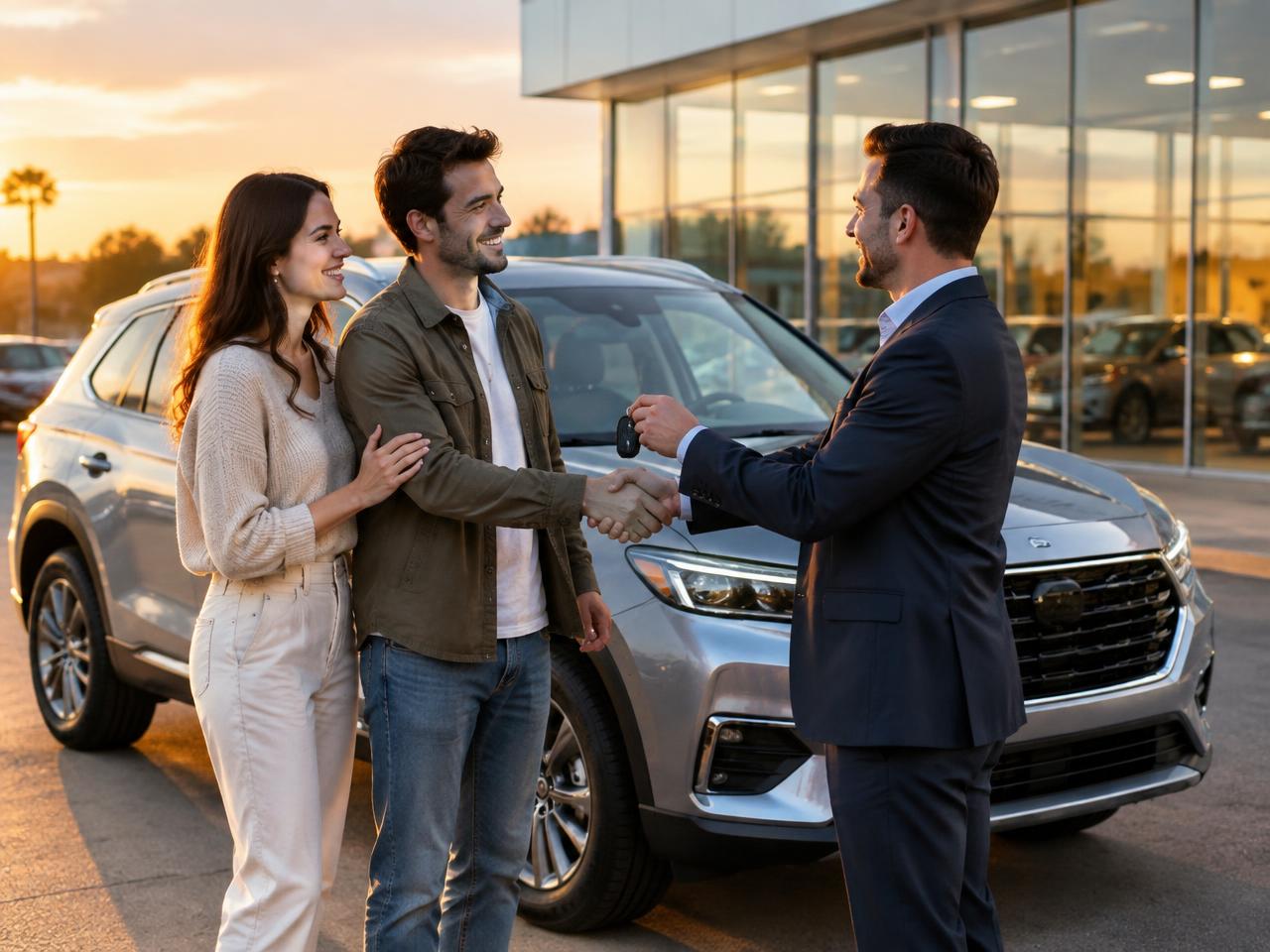 A couple receiving the keys to their new SUV from a salesperson at golden hour