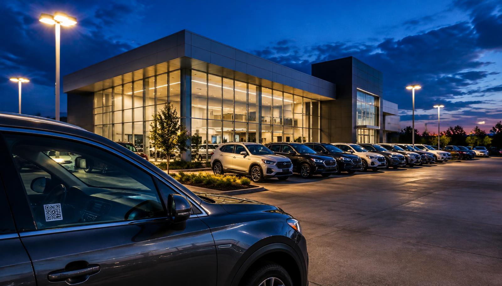 A dealership lot at dusk, showroom glowing, a QR code on the window of a car in the foreground