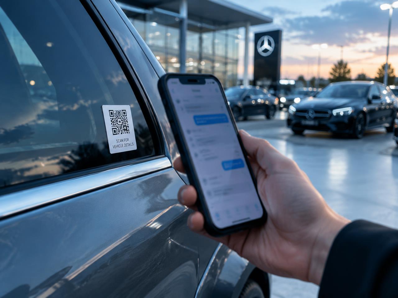 A shopper scanning a QR code on a vehicle window at a dealership