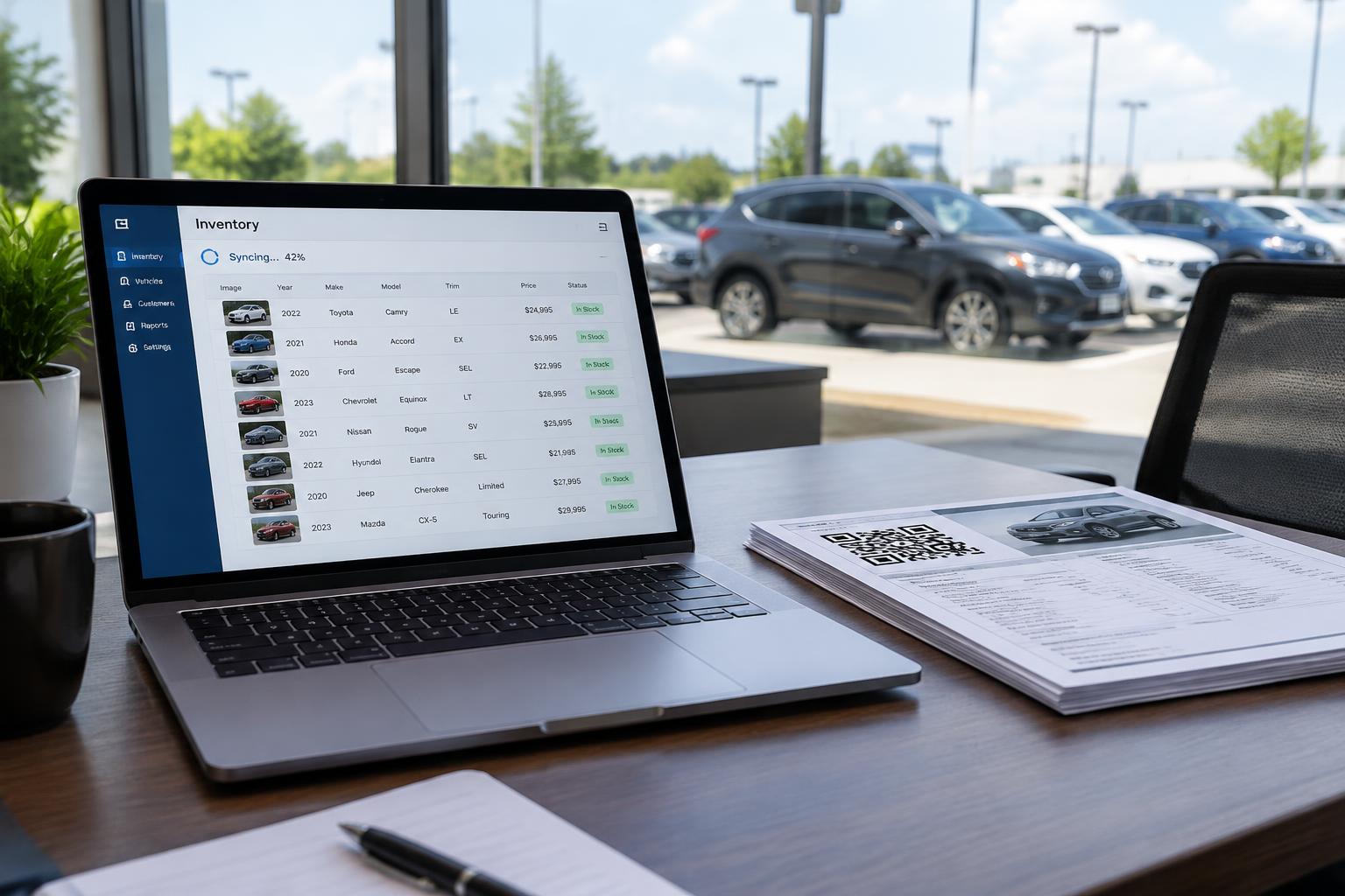 A laptop at a dealership desk syncing the vehicle inventory, with printed QR window stickers beside it