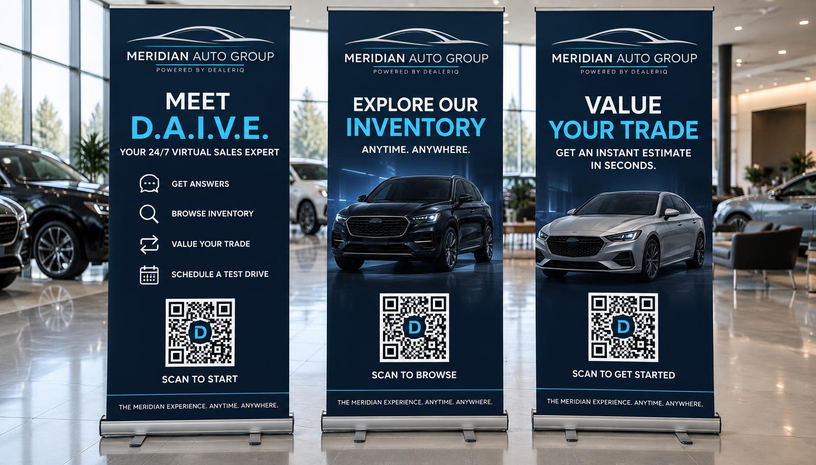 Three showroom roll-up banners for Meridian Auto Group powered by DealerIQ