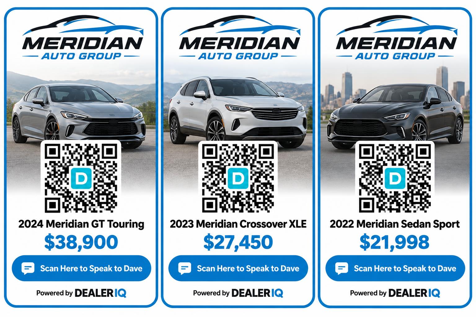 Three custom vehicle window stickers with dealership branding and a Scan Here to Speak to Dave QR code